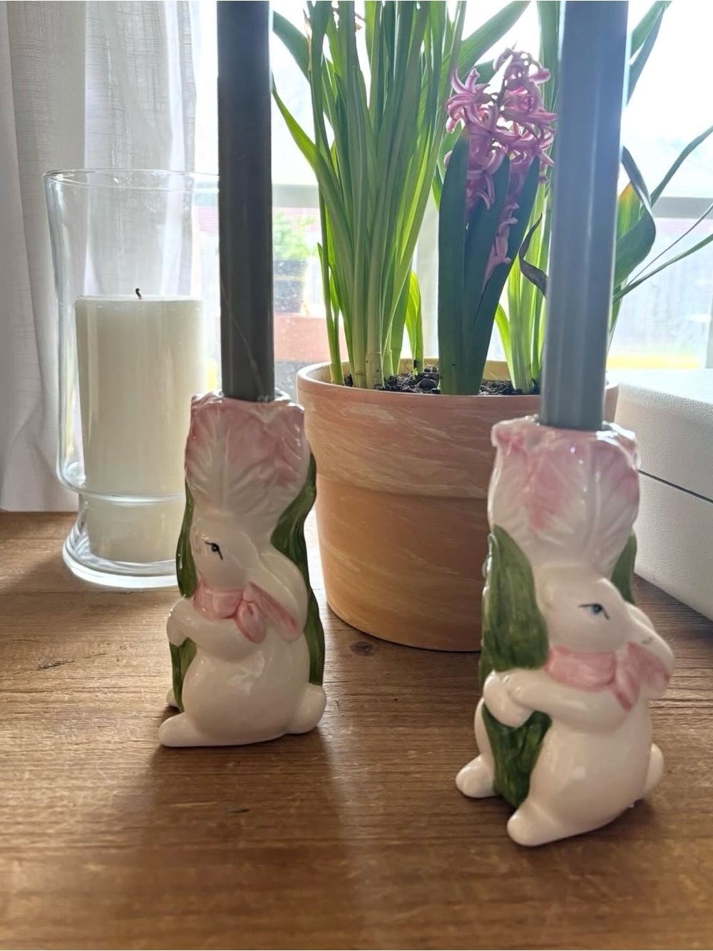 Pink & White Bunny Ceramic Candle Holders - Set of 2
